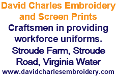 David Charles Embroidery and Screen Prints Craftsmen in providing workforce uniforms. Stroude Farm, Stroude Road, Virginia Water www.davidcharlesembroidery.com